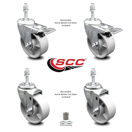 Service Caster Semi Steel Swvl TS Caster w/Roller Bearing-4"Wheels&12MM Stems-2 w/TTL BRK, 4PK SCC-TSTTL20S415-SSR-M1215-2-S-2